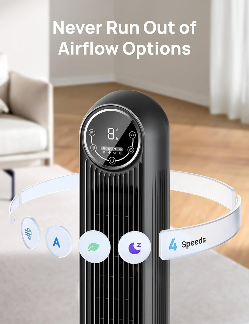 Dreo Tower Fan for Bedroom, 25ft/s Velocity Quiet Floor Fan, 90° Oscillating Fans for Indoors with 4 Speeds, 4 Modes, 8H Timer, Standing Fans, Bladeless Fan, Black, Nomad One