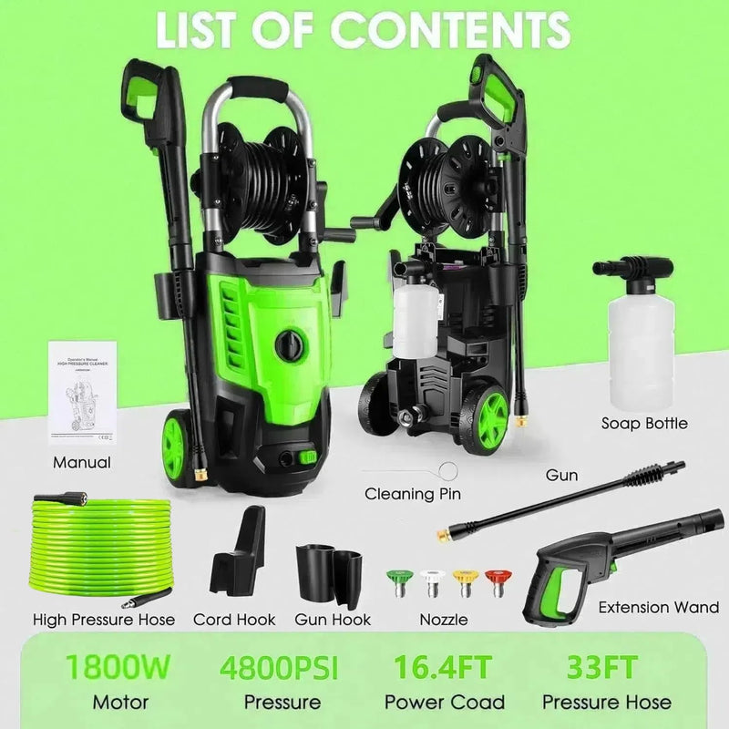 4800 PSI Pressure Cleaner- 4.0 GPM High Power Cleaner with 33FT Hose Reel, 4 Spray Tips and Soap Bottle for Car Washing, Fence Cleaning, Patio Maintenance（Upgraded）