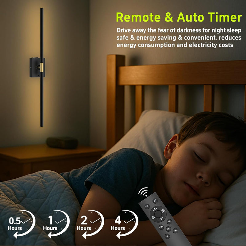 Battery Operated Wall Sconces Set of 2: 10000mAh Rechargeable Wall Lights with Remote Control, 360° Rotate Wireless Wall Scone Decor for TV/Mirror Bedroom Living Room, 31.5 Inch, Black