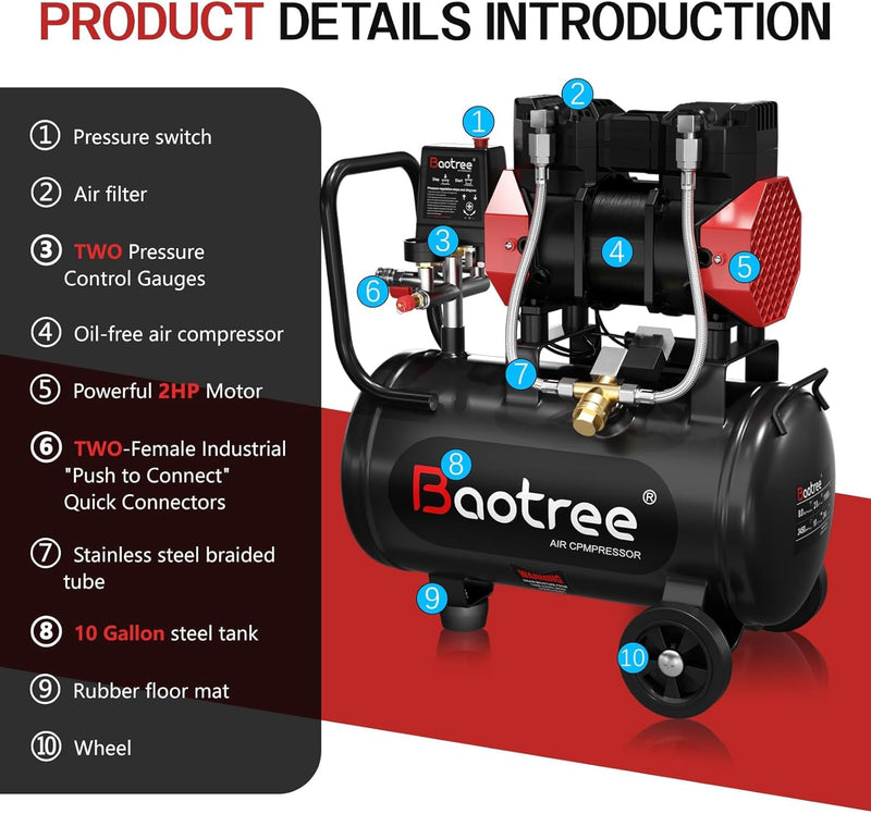 10Gal Portable Ultra Quiet Air Compressor, Max 115PSI 2HP 8.76CFM 70dB Oil-Free Low Noise Air Compressor for Auto Repair, Bike Tires, Garage Spray Painting 110V/60Hz