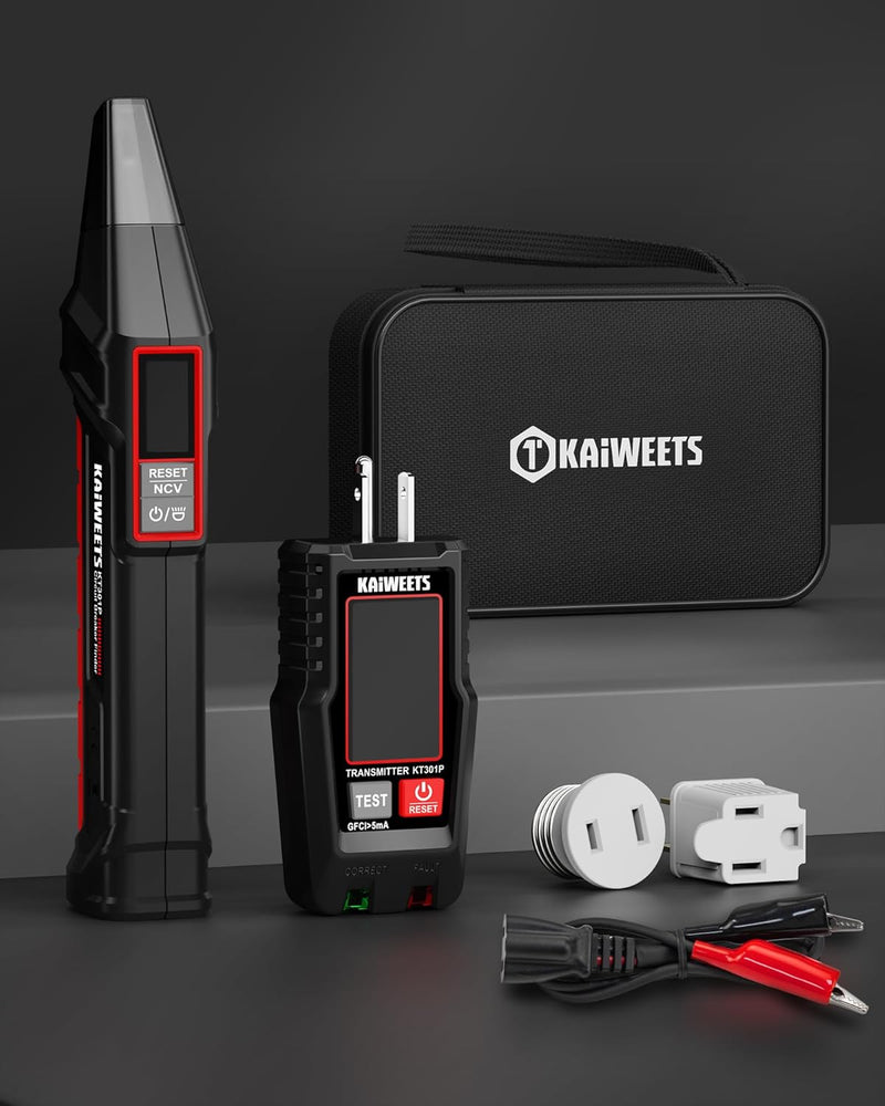 KAIWEETS Circuit Breaker Finder with LCD Display, GFCI Outlet Tester, Electrical Circuit Tracer Tool with NCV Test & Flashlight, Includes Carrying Case and Adapters- KT301P
