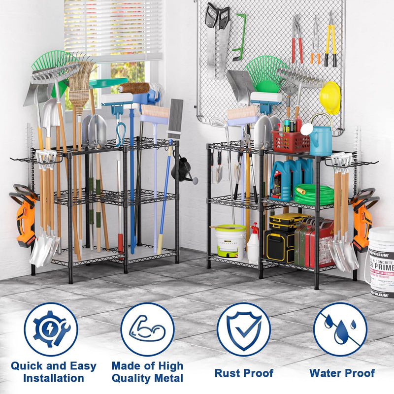 T3 Garden Tool Organizer（With 6 Shelves and 3 PP Panel）Heavy Duty Garage Tool Storage for Yard，Shed and Lawn，Freestanding Tool Organizers and Storage UP to 80 Tools，Black with Anti-Tip Device