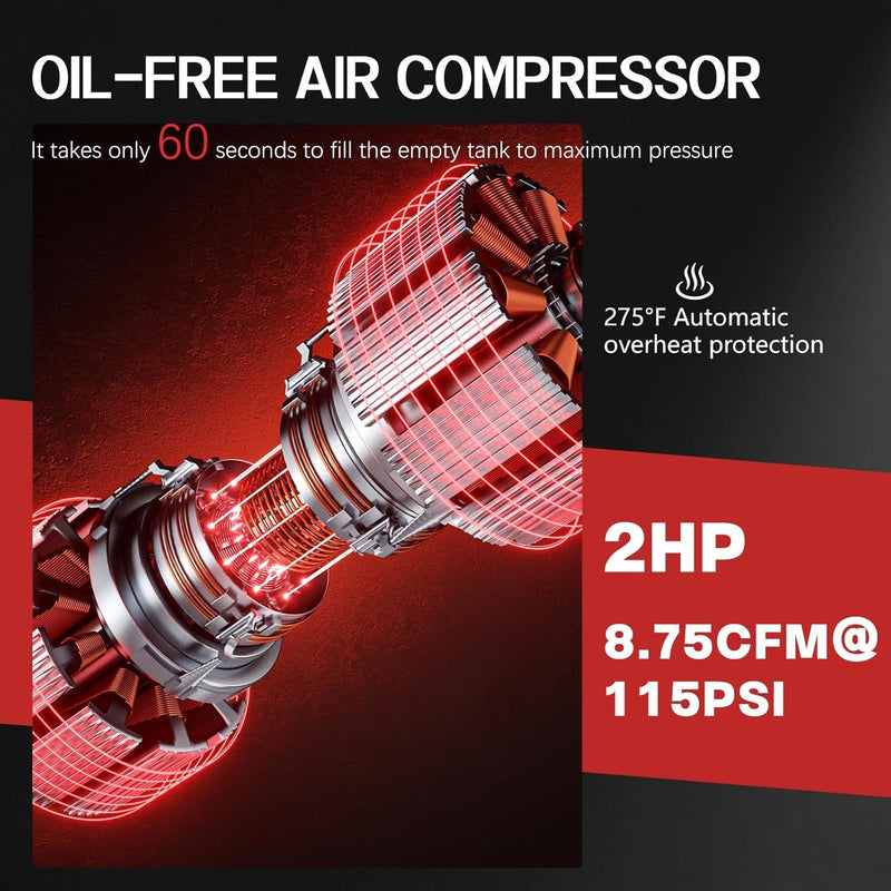 10Gal Portable Ultra Quiet Air Compressor, Max 115PSI 2HP 8.76CFM 70dB Oil-Free Low Noise Air Compressor for Auto Repair, Bike Tires, Garage Spray Painting 110V/60Hz