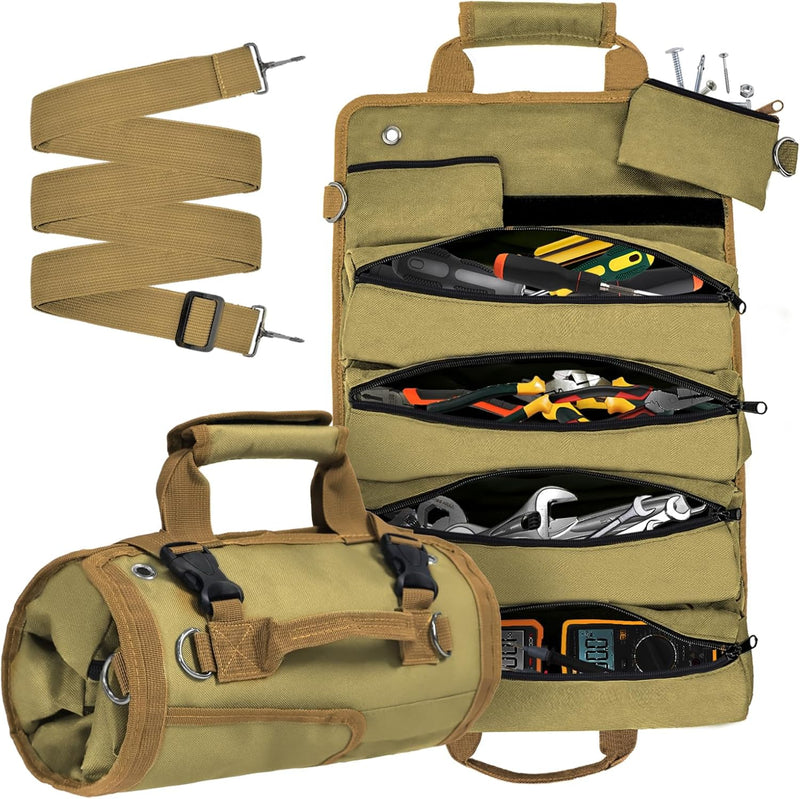 Roll Up Tool Bag, Heavy Duty Tool Roll Bag Tool Organizer Bag Portable Foldable Rollup Organizer with 2 Small Pouches Rollable Carrying Toolbag, Dad Men Mechanic Birthday Gifts (Khaki)