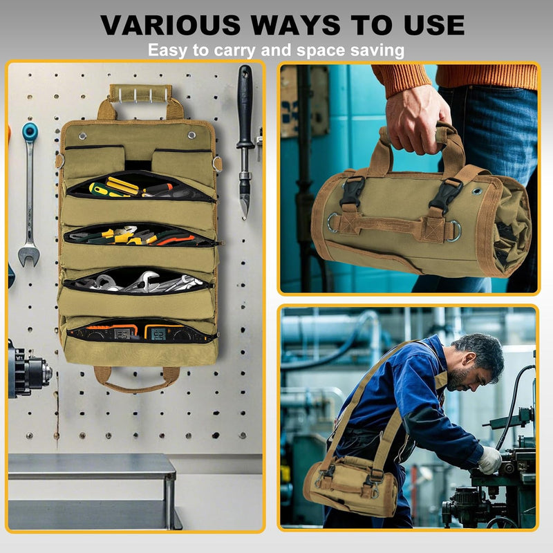 Roll Up Tool Bag, Heavy Duty Tool Roll Bag Tool Organizer Bag Portable Foldable Rollup Organizer with 2 Small Pouches Rollable Carrying Toolbag, Dad Men Mechanic Birthday Gifts (Khaki)