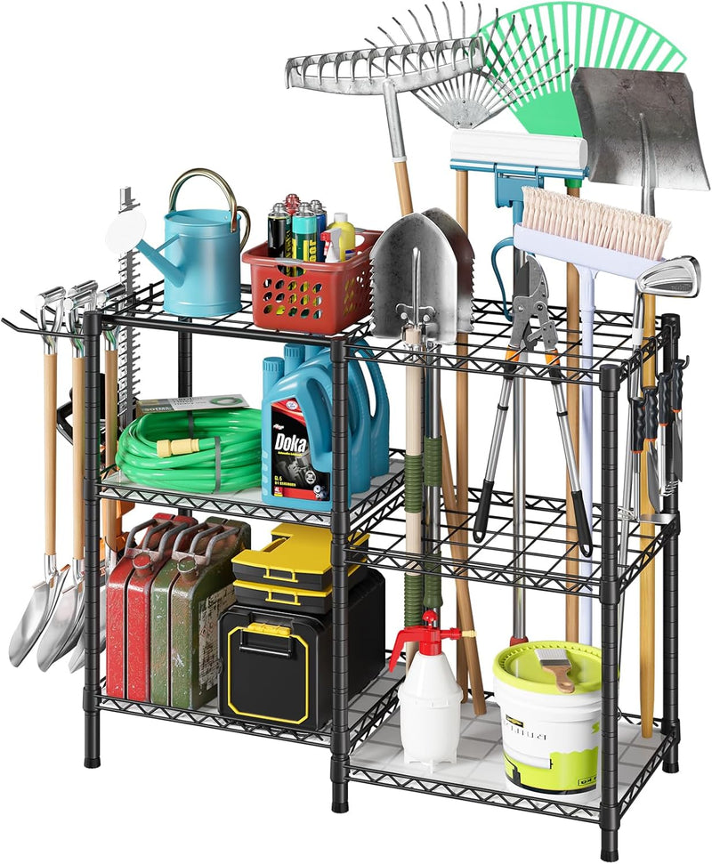 T3 Garden Tool Organizer（With 6 Shelves and 3 PP Panel）Heavy Duty Garage Tool Storage for Yard，Shed and Lawn，Freestanding Tool Organizers and Storage UP to 80 Tools，Black with Anti-Tip Device