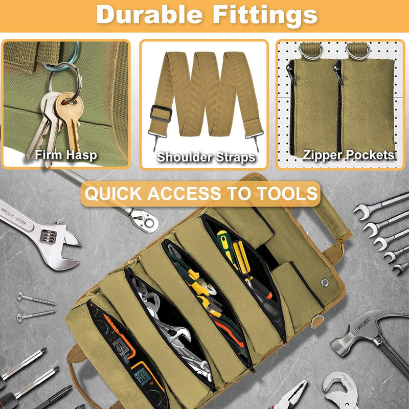 Roll Up Tool Bag, Heavy Duty Tool Roll Bag Tool Organizer Bag Portable Foldable Rollup Organizer with 2 Small Pouches Rollable Carrying Toolbag, Dad Men Mechanic Birthday Gifts (Khaki)