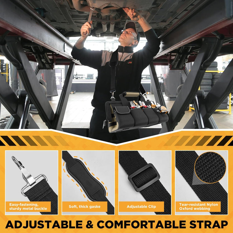 Goovilla Tool Bag 15.5 Inch with 1 Pouch | 17-Pocket Portable Tool Box Organizer Storage with Adjustable Strap, Soft Handle and Durable Zipper | Heavy Duty Tool Bags for Men, Father’s Day