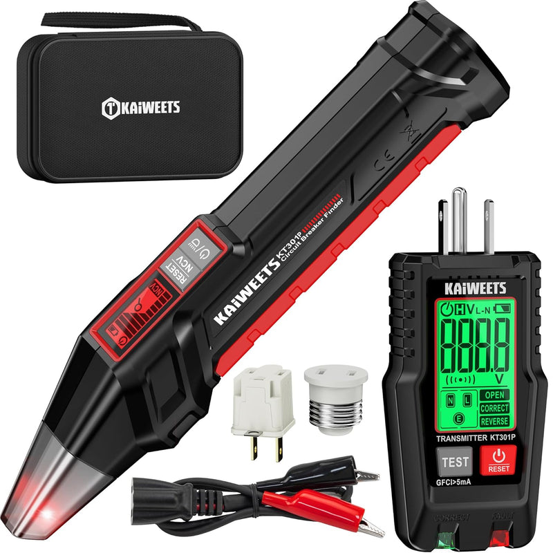 KAIWEETS Circuit Breaker Finder with LCD Display, GFCI Outlet Tester, Electrical Circuit Tracer Tool with NCV Test & Flashlight, Includes Carrying Case and Adapters