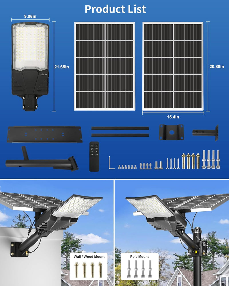 Ofuray Solar Street Lights Outdoor,OHF-Pro-Max 60,000Mah High Power Solar Security Flood Lights Parking Lot Lights Commercial Dusk to Dawn,IP67 6500k Led with Remote for Street,Court,Barn