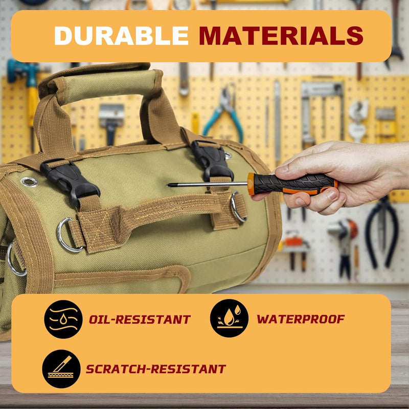 Roll Up Tool Bag, Heavy Duty Tool Roll Bag Tool Organizer Bag Portable Foldable Rollup Organizer with 2 Small Pouches Rollable Carrying Toolbag, Dad Men Mechanic Birthday Gifts (Khaki)