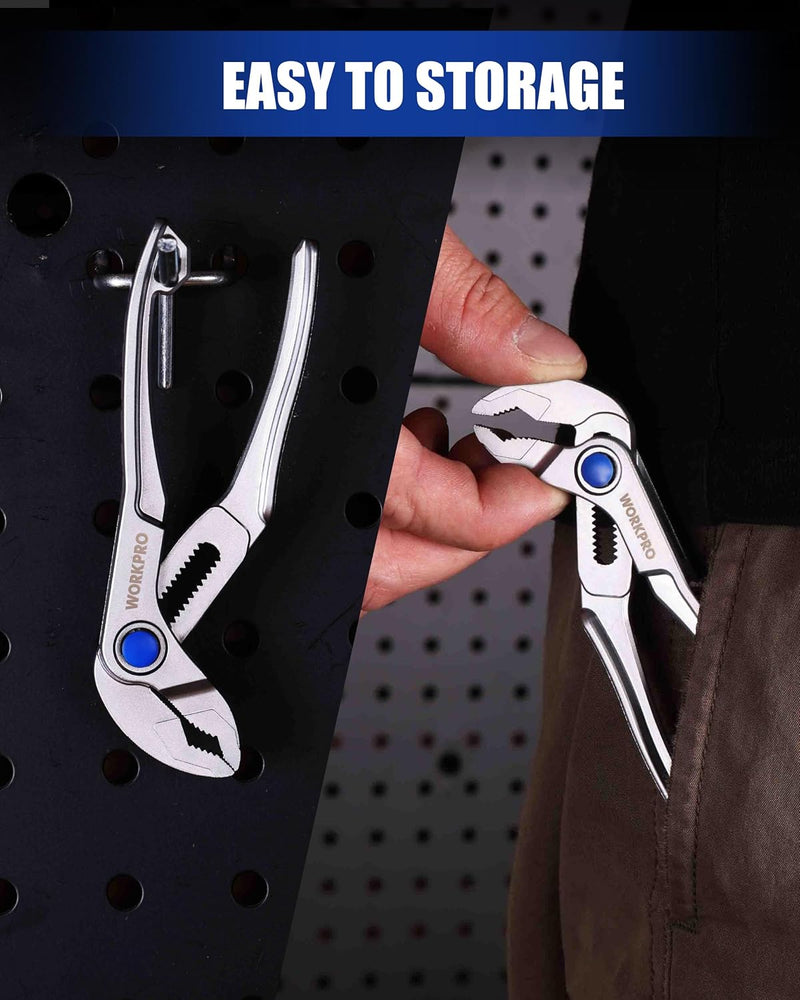 WORKPRO Mini Water Pump Pliers, 4-Inch Groove Joint Pliers, Fast Adjustable Tongue and Groove Pliers with 15-Position Push-Lock, V-Jaw for Multi-Surface Grip, Ideal for Tight Spaces and Versatile Use