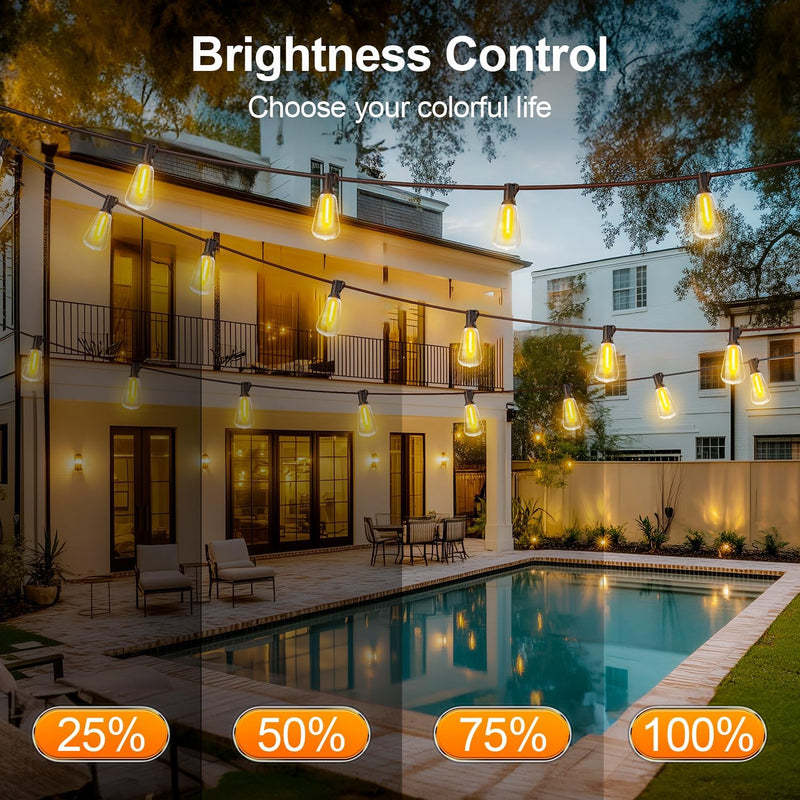Outdoor String LED Patio Lights - 100Ft 30M Outside Waterproof Light with Remote Dimmable ST38 Shatterproof Bulb Connectable Hanging Outdoor Electric Lighting for Backyard Yard Gazebo Porch Party