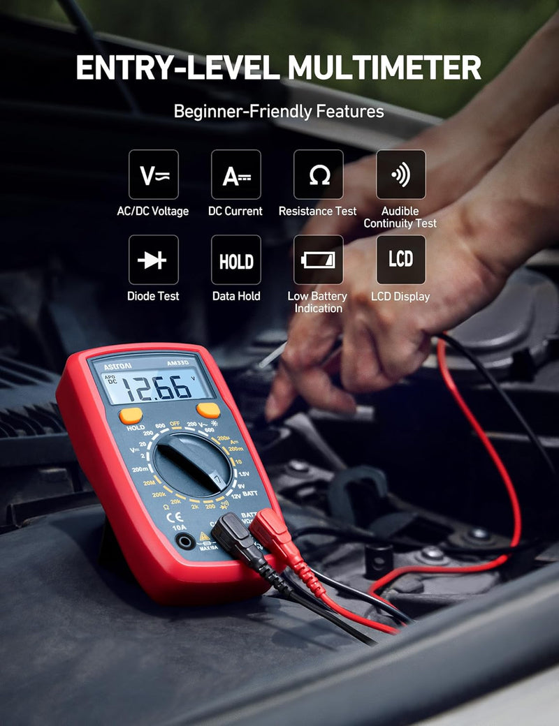 AstroAI Digital Multimeter Tester 2000 Counts with DC AC Voltmeter and Ohm Volt Amp Meter; Measures Voltage, Current, Resistance, Continuity and Diode