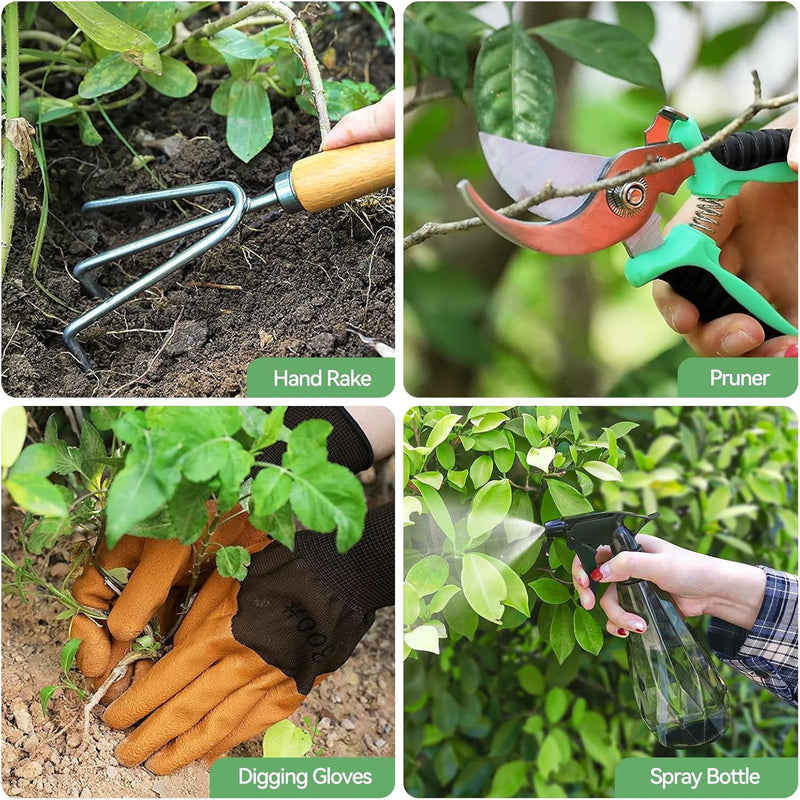 Gardening Tools 9-Piece Heavy Duty Gardening Hand Tools with Fashion and Durable Garden Tools Organizer Handbag,Rust-Proof Garden Tool Set, Ideal
