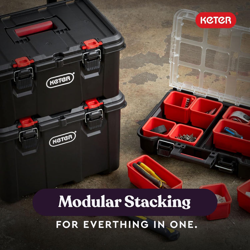 Keter Stack-n-Roll Modular Tools Organizer for Garage Storage and DIY, 3 Piece Resin Rolling Tool Box System for Small Parts