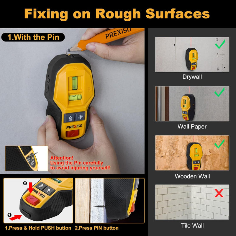 PREXISO 2-in-1 Rechargeable Cross Line Laser Level with Magnetic Stud Finder, Compact Line Lasers with LED Bubble Vials for Accurate Marking, Stud Detector Wall Scanners for Hanging Frames & Pictures