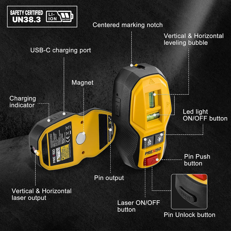 PREXISO 2-in-1 Rechargeable Cross Line Laser Level with Magnetic Stud Finder, Compact Line Lasers with LED Bubble Vials for Accurate Marking, Stud Detector Wall Scanners for Hanging Frames & Pictures