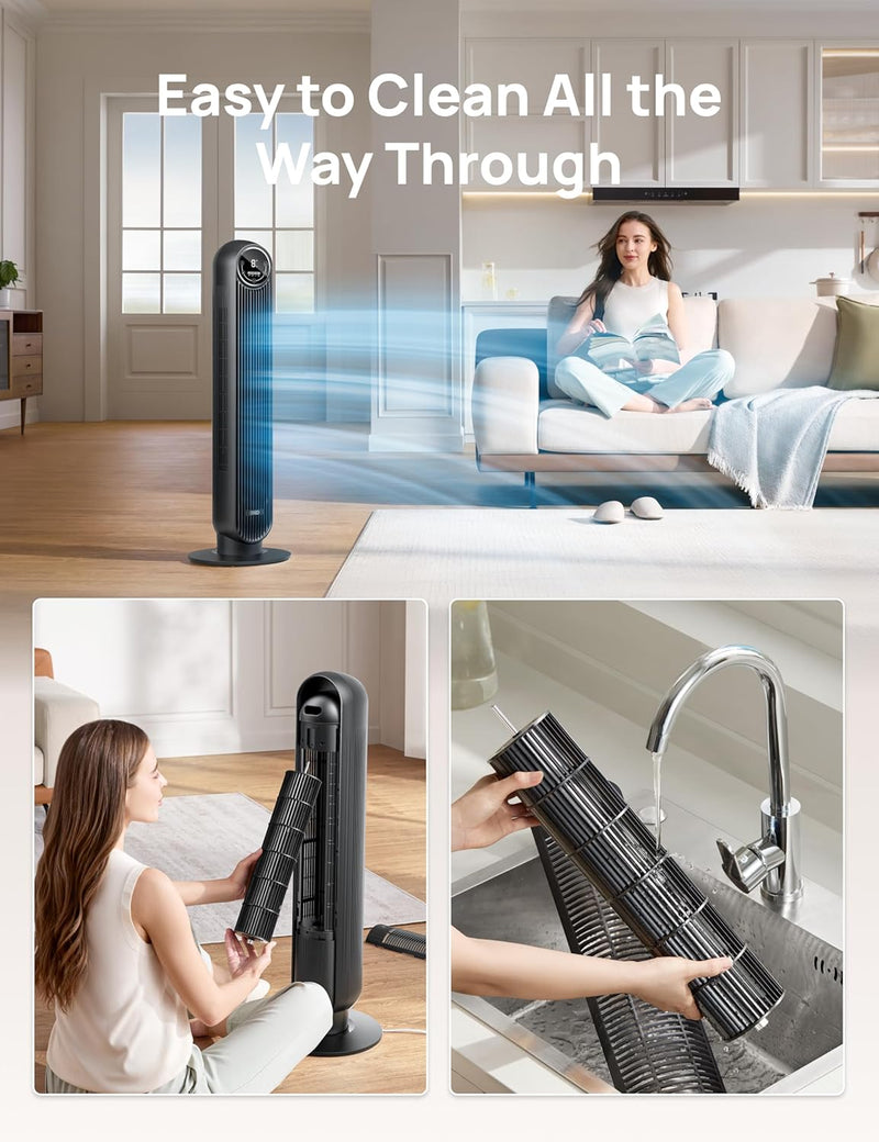 Dreo Tower Fan for Bedroom, 25ft/s Velocity Quiet Floor Fan, 90° Oscillating Fans for Indoors with 4 Speeds, 4 Modes, 8H Timer, Standing Fans, Bladeless Fan, Black, Nomad One