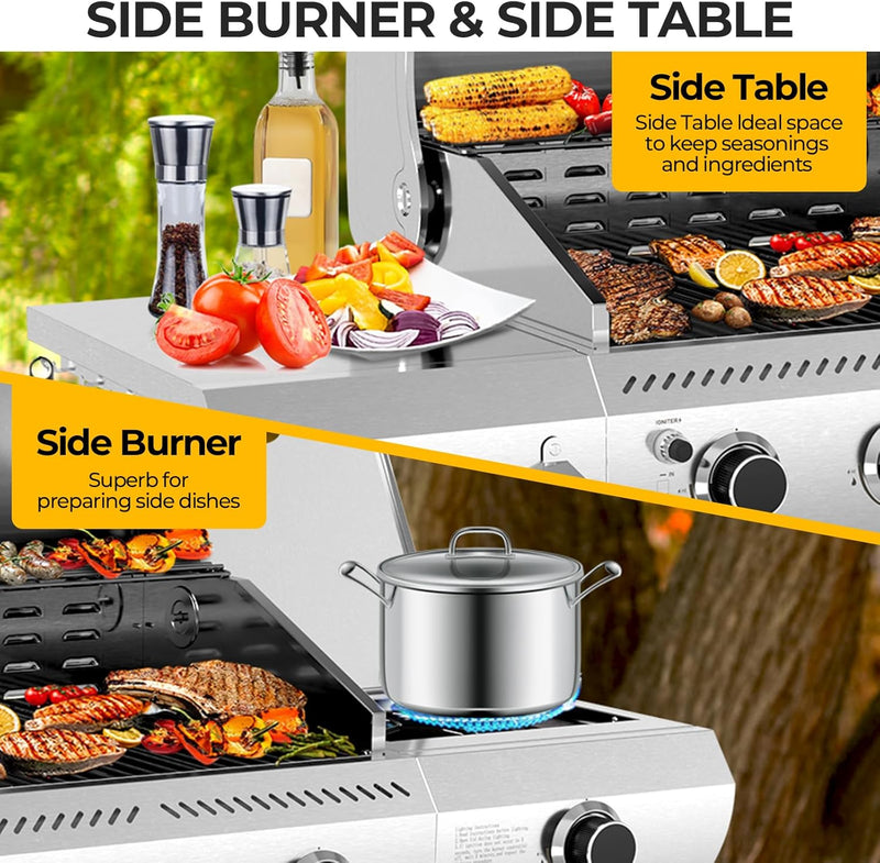 3-Burner Propane Gas Grill with Side Burner – 34,000 BTU Stainless Steel Outdoor BBQ Grill, Cast Iron Grates, Portable with Wheels for Patio, Camping