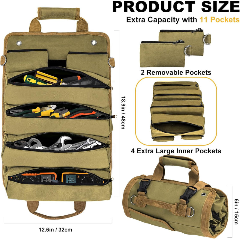 Roll Up Tool Bag, Heavy Duty Tool Roll Bag Tool Organizer Bag Portable Foldable Rollup Organizer with 2 Small Pouches Rollable Carrying Toolbag, Dad Men Mechanic Birthday Gifts (Khaki)