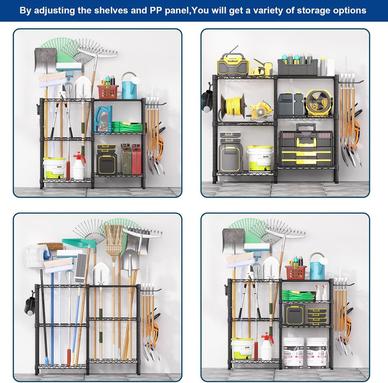 T3 Garden Tool Organizer（With 6 Shelves and 3 PP Panel）Heavy Duty Garage Tool Storage for Yard，Shed and Lawn，Freestanding Tool Organizers and Storage UP to 80 Tools，Black with Anti-Tip Device