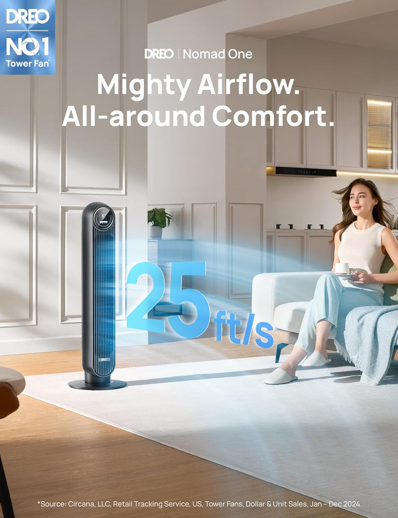 Dreo Tower Fan for Bedroom, 25ft/s Velocity Quiet Floor Fan, 90° Oscillating Fans for Indoors with 4 Speeds, 4 Modes, 8H Timer, Standing Fans, Bladeless Fan, Black, Nomad One