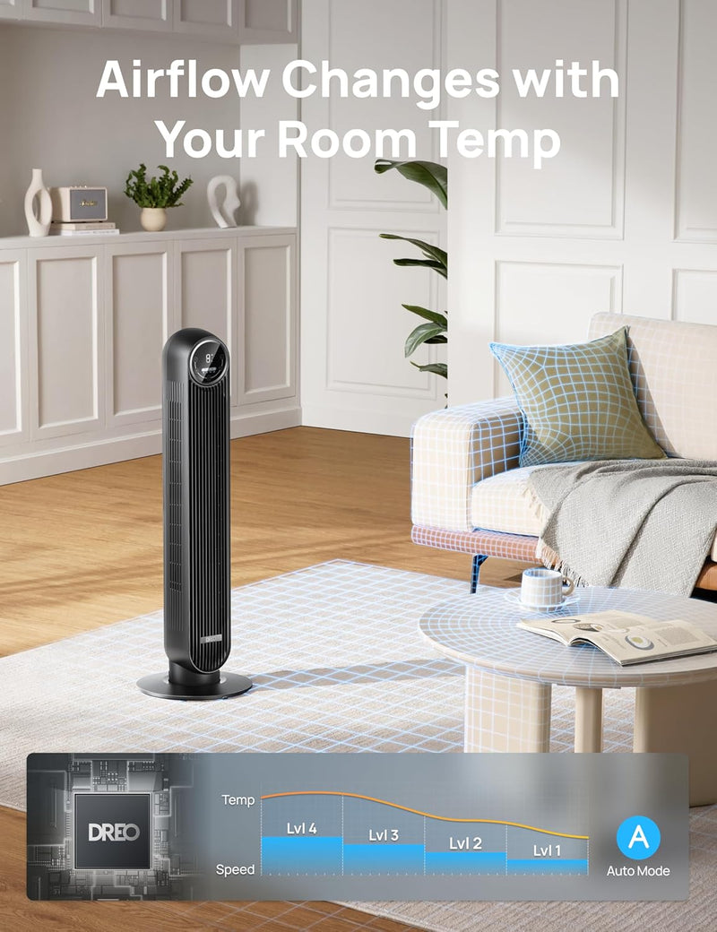 Dreo Tower Fan for Bedroom, 25ft/s Velocity Quiet Floor Fan, 90° Oscillating Fans for Indoors with 4 Speeds, 4 Modes, 8H Timer, Standing Fans, Bladeless Fan, Black, Nomad One