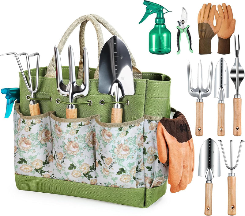 Gardening Tools 9-Piece Heavy Duty Gardening Hand Tools with Fashion and Durable Garden Tools Organizer Handbag,Rust-Proof Garden Tool Set, Ideal