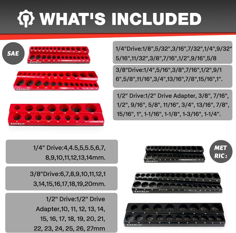 6-Piece Magnetic Socket Organizer Set, 1/2", 1/4" and 3/8" SAE & Metric Deep & Shallow Socket Holder Kit, holds 141 stanard Sockets, attaches to steel box/tool cart (sockets not included)