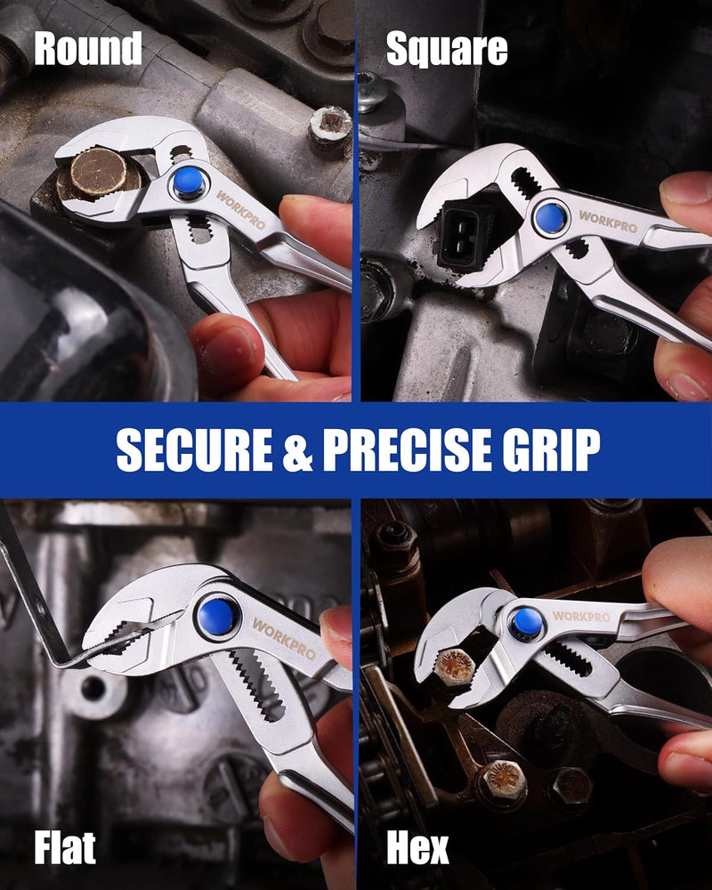 WORKPRO Mini Water Pump Pliers, 4-Inch Groove Joint Pliers, Fast Adjustable Tongue and Groove Pliers with 15-Position Push-Lock, V-Jaw for Multi-Surface Grip, Ideal for Tight Spaces and Versatile Use