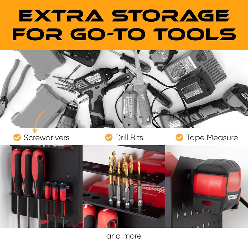 Power Tool Organizer - Wall Mount Storage for Garage Organizes 4 Cordless Drills & Tools - Easy Assembly Heavy Duty Rack has Pegboard Sides Shelves & Hooks - Neatly Holds Screwdrivers & Drill Bits