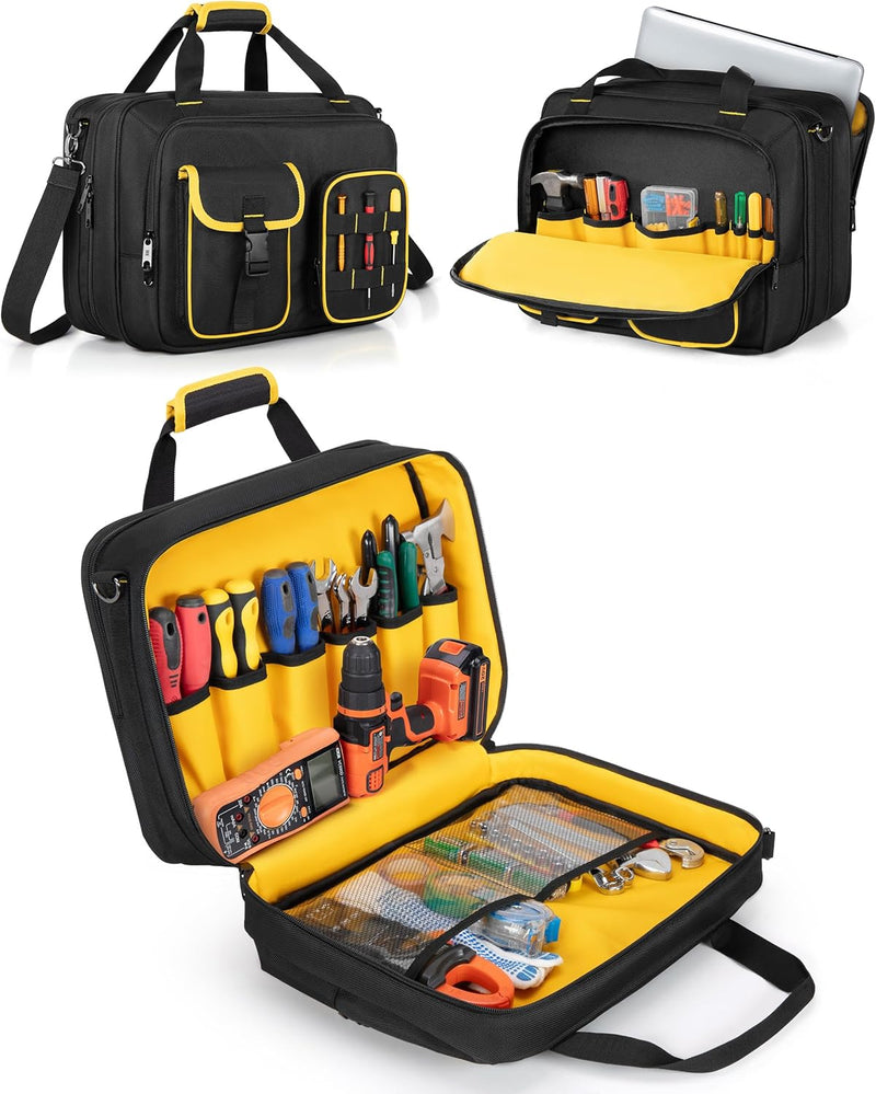 Electrician Tool Bag with Laptop Sleeve, Tool Tote with Multiple Pockets for Technicians, Black