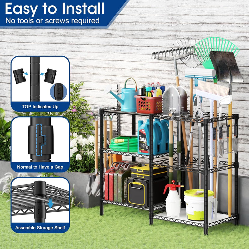 T3 Garden Tool Organizer（With 6 Shelves and 3 PP Panel）Heavy Duty Garage Tool Storage for Yard，Shed and Lawn，Freestanding Tool Organizers and Storage UP to 80 Tools，Black with Anti-Tip Device