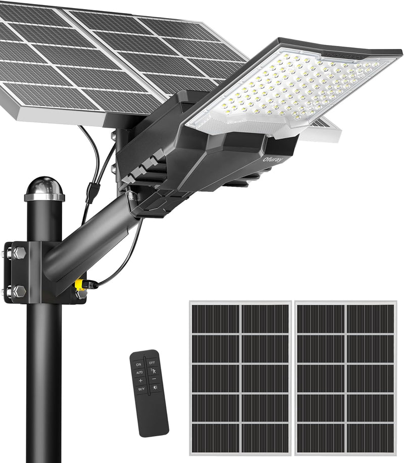 Ofuray Solar Street Lights Outdoor,OHF-Pro-Max 60,000Mah High Power Solar Security Flood Lights Parking Lot Lights Commercial Dusk to Dawn,IP67 6500k Led with Remote for Street,Court,Barn