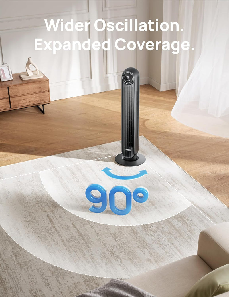 Dreo Tower Fan for Bedroom, 25ft/s Velocity Quiet Floor Fan, 90° Oscillating Fans for Indoors with 4 Speeds, 4 Modes, 8H Timer, Standing Fans, Bladeless Fan, Black, Nomad One
