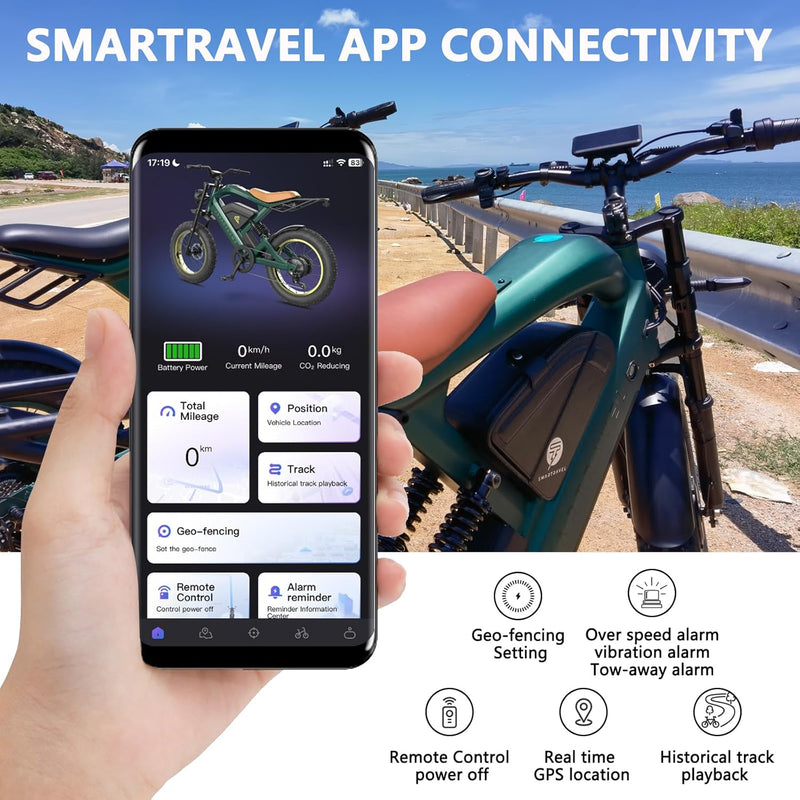 Electric Bike for Adults,GPS and APP Control Ebike,1200W Brushless Motor,48V/20Ah Removable UL&GCC Certification Battery,20"*4.0 Fat Tire,30MPH and 60Miles Range,Front/Rear Turn Signals