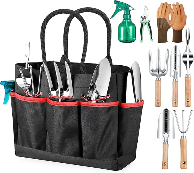 Gardening Tools 9-Piece Heavy Duty Gardening Hand Tools with Fashion and Durable Garden Tools Organizer Handbag,Rust-Proof Garden Tool Set, Ideal