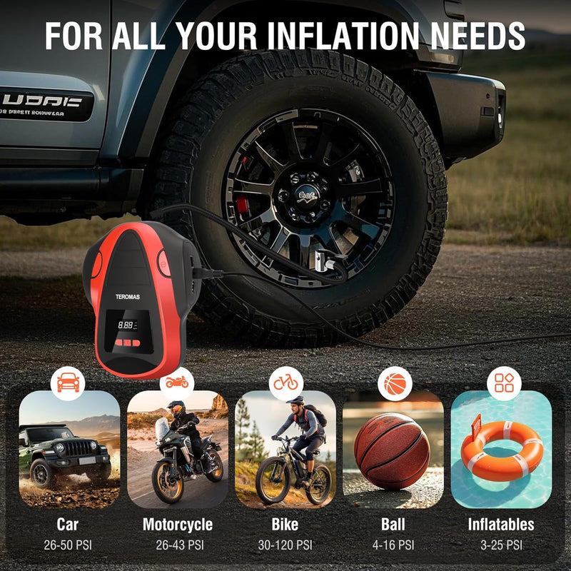TEROMAS Tire Inflator Portable Air Compressor, Air Pump DC/AC for Car Tires 12V DC and Other Inflatables at Home 110V AC, Digital Electric Tire Pump with Pressure Gaug