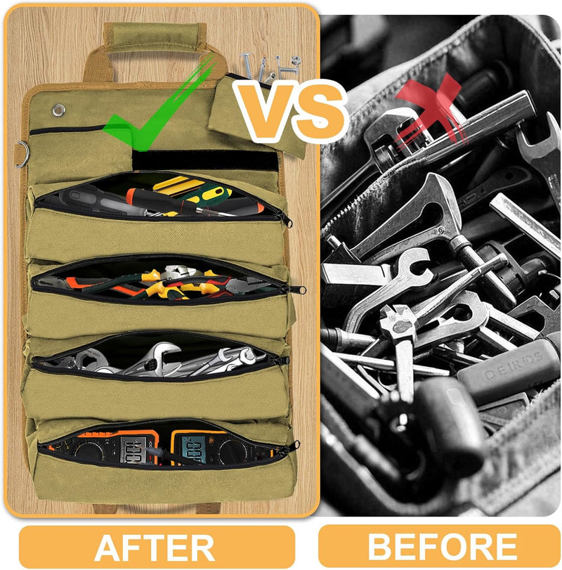 Roll Up Tool Bag, Heavy Duty Tool Roll Bag Tool Organizer Bag Portable Foldable Rollup Organizer with 2 Small Pouches Rollable Carrying Toolbag, Dad Men Mechanic Birthday Gifts (Khaki)