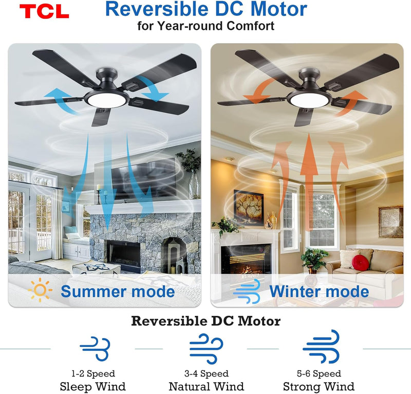 TCL Ceiling Fans with Lights, 52 Inch Low Profile Ceiling Fan with Light and Remote Control, Flush Mount, DC Reversible Motor, Noiseless, 6 Speeds Ceiling Fan for Bedroom (Black)