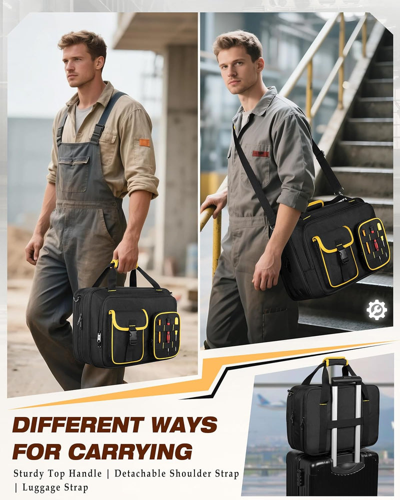 Electrician Tool Bag with Laptop Sleeve, Tool Tote with Multiple Pockets for Technicians, Black
