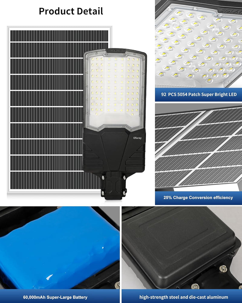 Ofuray Solar Street Lights Outdoor,OHF-Pro-Max 60,000Mah High Power Solar Security Flood Lights Parking Lot Lights Commercial Dusk to Dawn,IP67 6500k Led with Remote for Street,Court,Barn
