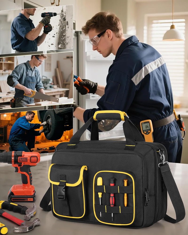 Electrician Tool Bag with Laptop Sleeve, Tool Tote with Multiple Pockets for Technicians, Black