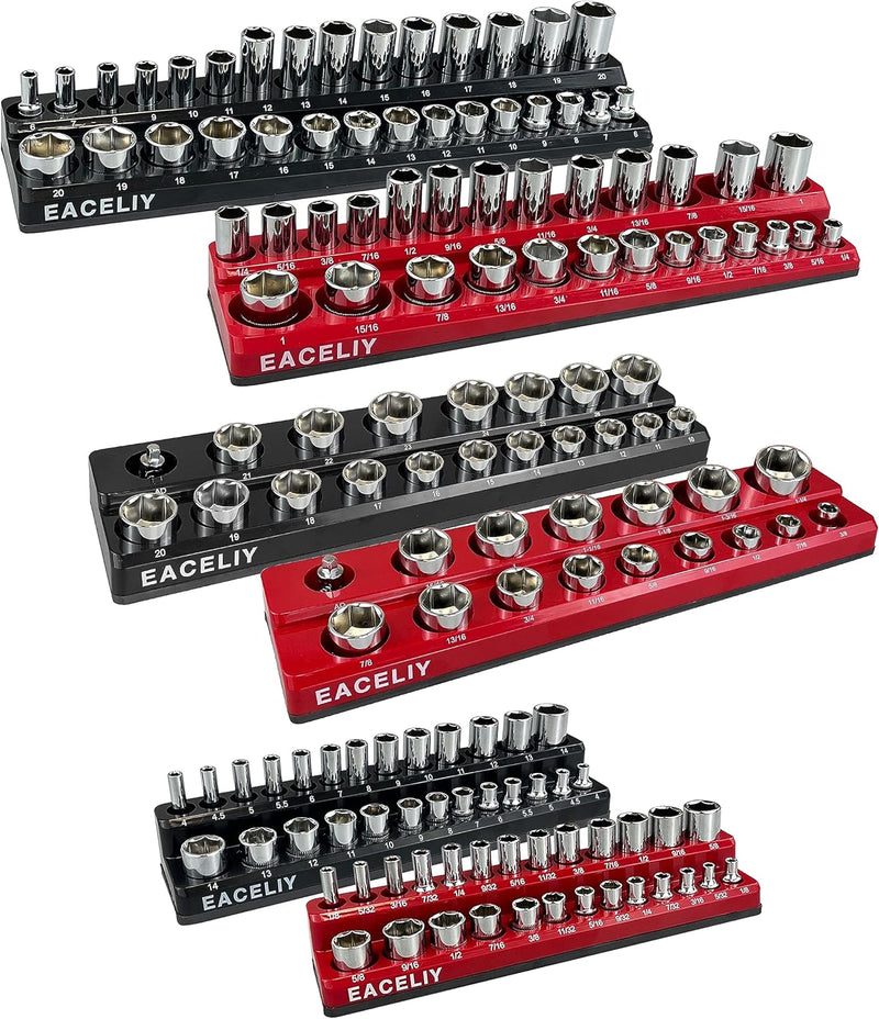 6-Piece Magnetic Socket Organizer Set, 1/2", 1/4" and 3/8" SAE & Metric Deep & Shallow Socket Holder Kit, holds 141 stanard Sockets, attaches to steel box/tool cart (sockets not included)