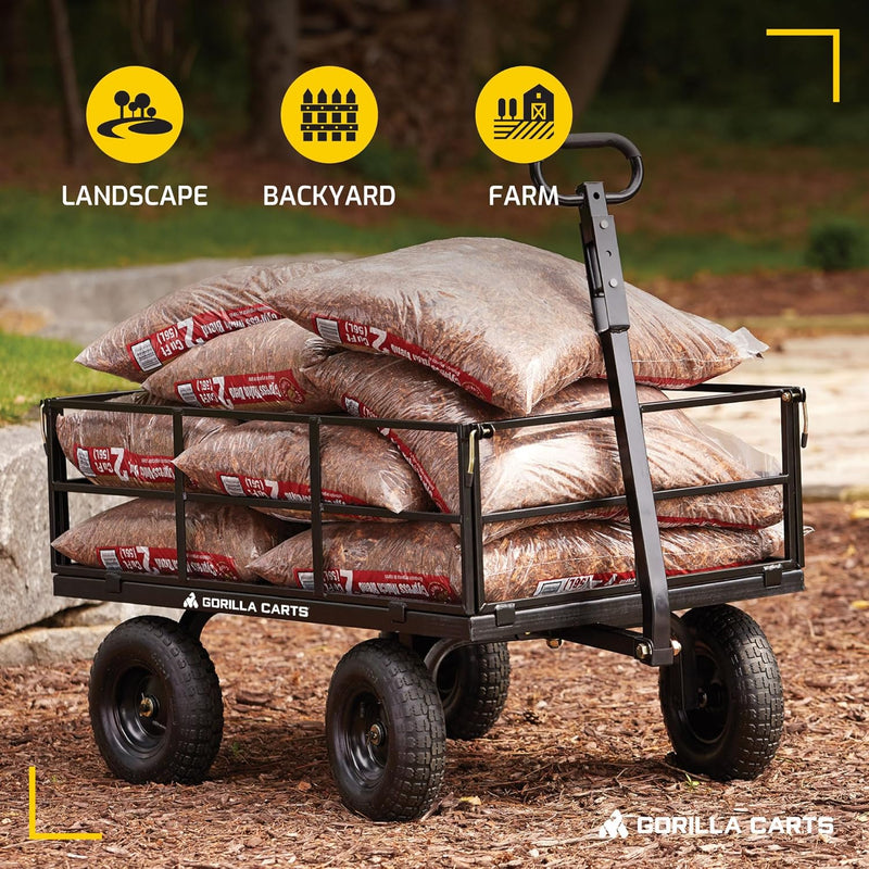 Gorilla Carts Steel Utility Cart, 9 Cu Ft Bed, 1200 lb Load Capacity, Black – Towable Heavy-Duty Outdoor Hauling Wagon with Removable Side Panels for Yard, Lawn, Garden or Landscaping