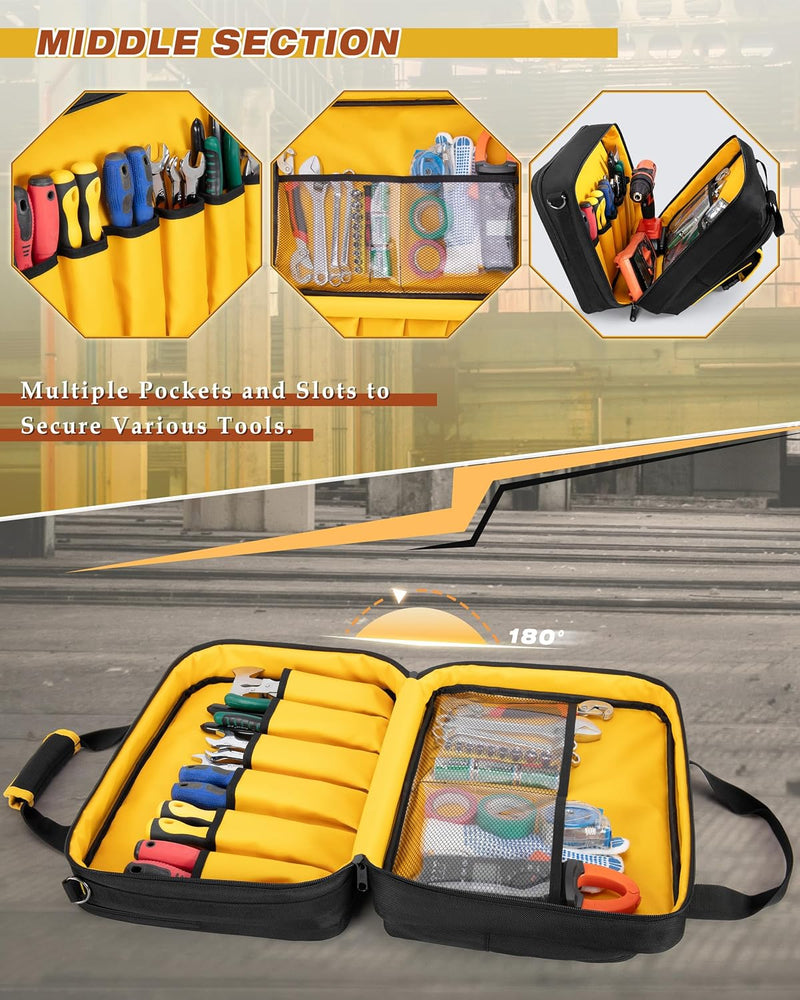 Electrician Tool Bag with Laptop Sleeve, Tool Tote with Multiple Pockets for Technicians, Black