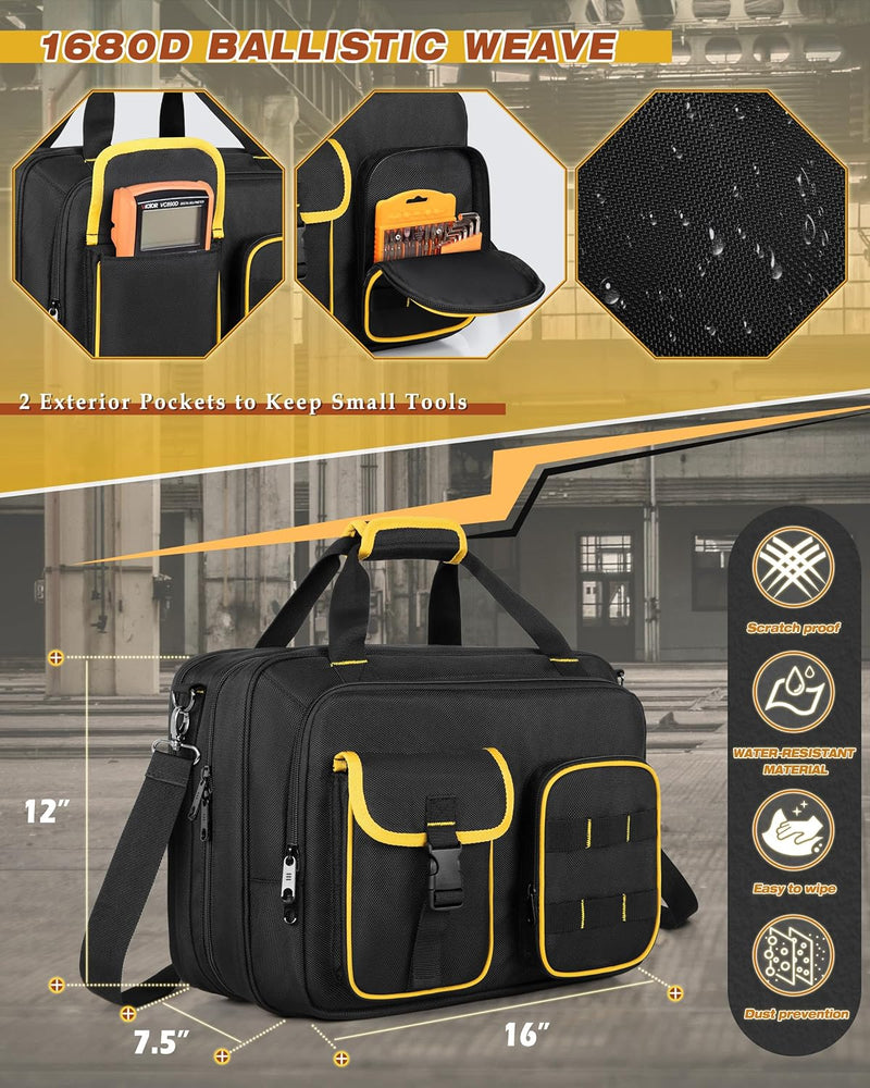 Electrician Tool Bag with Laptop Sleeve, Tool Tote with Multiple Pockets for Technicians, Black