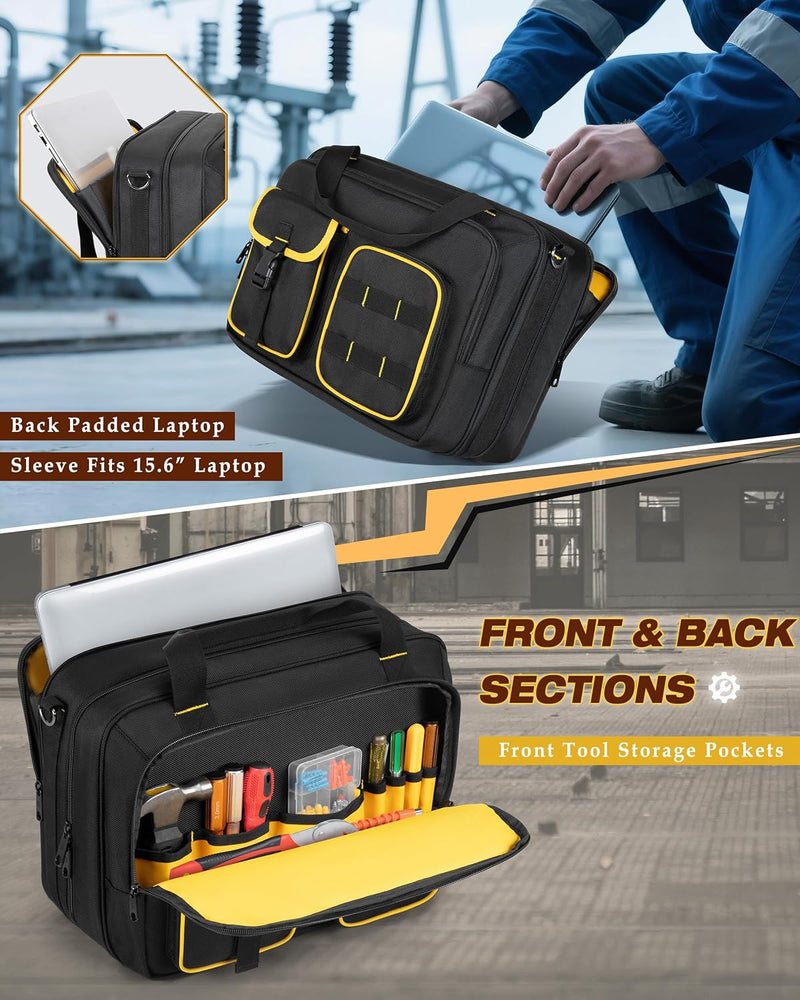 Electrician Tool Bag with Laptop Sleeve, Tool Tote with Multiple Pockets for Technicians, Black