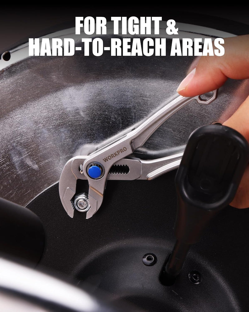 WORKPRO Mini Water Pump Pliers, 4-Inch Groove Joint Pliers, Fast Adjustable Tongue and Groove Pliers with 15-Position Push-Lock, V-Jaw for Multi-Surface Grip, Ideal for Tight Spaces and Versatile Use